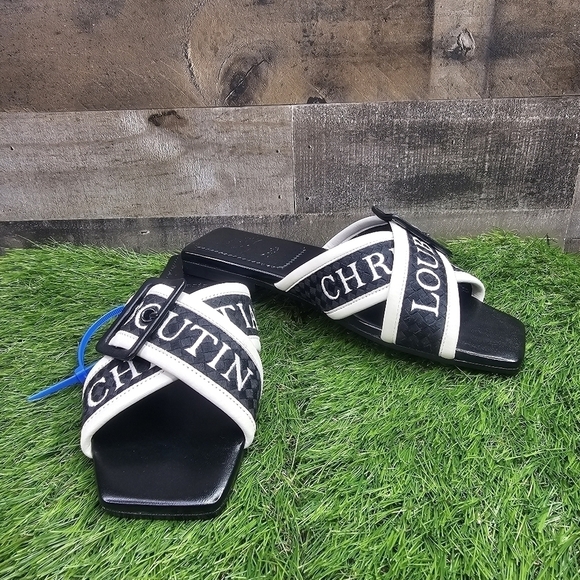 Christian Louboutin Black/White Logo Canvas and Leather Crossimule Flat Slides - Picture 8 of 11